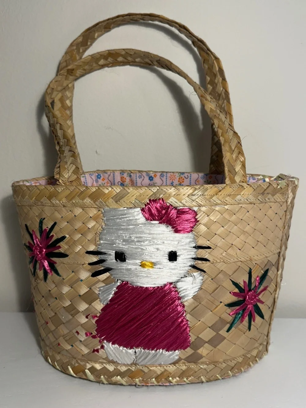 Handmade Hello Kitty Straw Woven Handbag Purse Small Tote Embroidered Beach Y2K